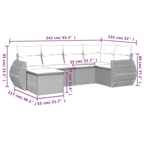 6-Piece Garden Sofa Set with Cushions Grey Poly Rattan Wicker Outdoor Patio Furniture - Image 3