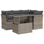 5-Piece Garden Sofa Set with Cushions Grey Poly Rattan Wicker Outdoor Patio Furniture