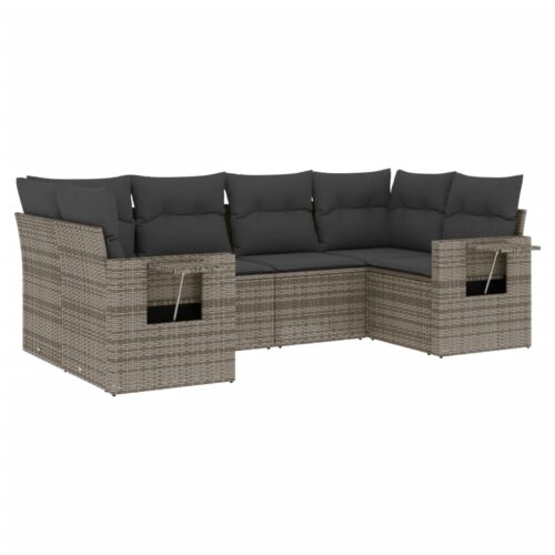 6-Piece Garden Sofa Set with Cushions Grey Poly Rattan Wicker Outdoor Patio Furniture