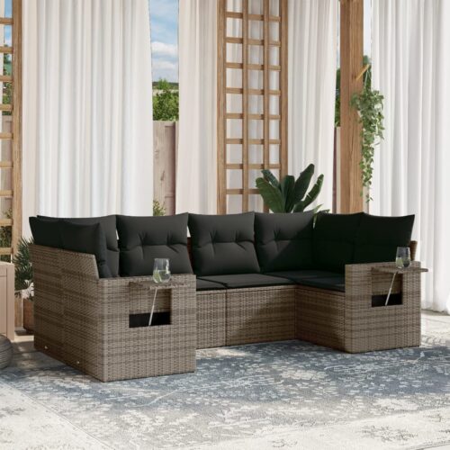 6-Piece Garden Sofa Set with Cushions Grey Poly Rattan Wicker Outdoor Patio Furniture - Image 2