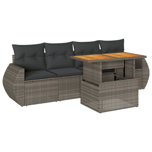 5-Piece Garden Sofa Set with Cushions Grey Poly Rattan Wicker Outdoor Patio Furniture