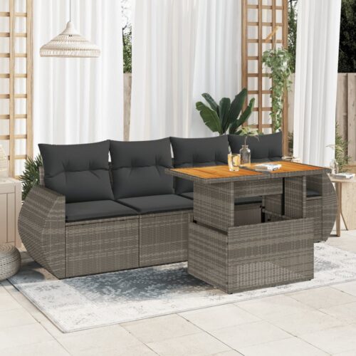 5-Piece Garden Sofa Set with Cushions Grey Poly Rattan Wicker Outdoor Patio Furniture - Image 2