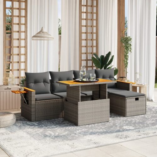 6-Piece Garden Sofa Set with Cushions Grey Poly Rattan Wicker Outdoor Patio Furniture - Image 2