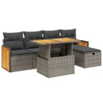 6-Piece Garden Sofa Set with Cushions Grey Poly Rattan Wicker Outdoor Patio Furniture