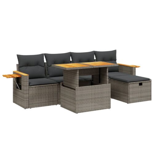 6-Piece Garden Sofa Set with Cushions Grey Poly Rattan Wicker Outdoor Patio Furniture - Image 6