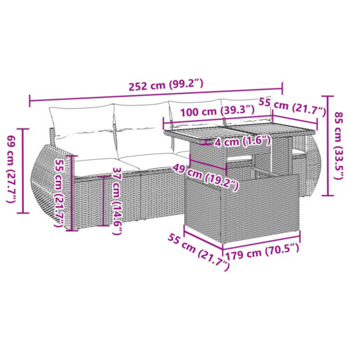 5-Piece Garden Sofa Set with Cushions Grey Poly Rattan Wicker Outdoor Patio Furniture - Image 12