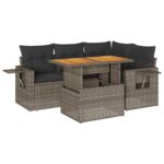 5-Piece Garden Sofa Set with Cushions Grey Poly Rattan Wicker Outdoor Patio Furniture