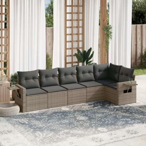6-Piece Garden Sofa Set with Cushions Grey Poly Rattan Wicker Outdoor Patio Furniture - Image 2