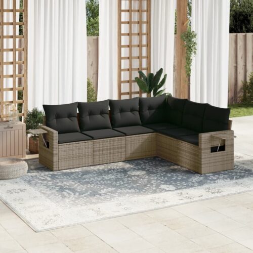 6-Piece Garden Sofa Set with Cushions Grey Poly Rattan Wicker Outdoor Patio Furniture - Image 2