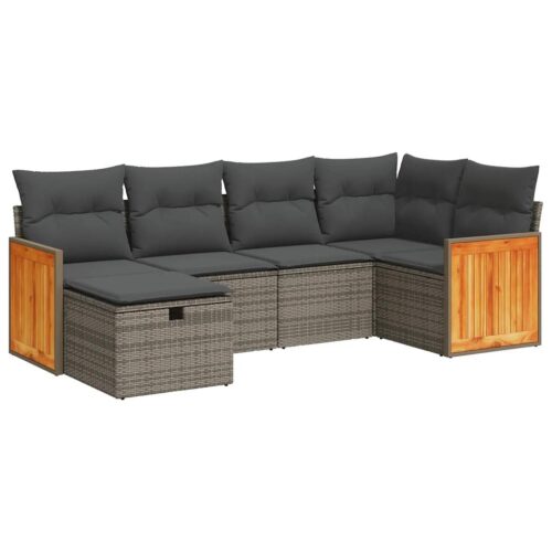 6-Piece Garden Sofa Set with Cushions Grey Poly Rattan Wicker Outdoor Patio Furniture