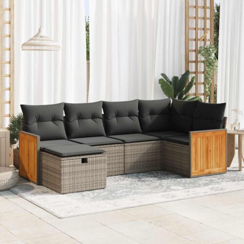 6-Piece Garden Sofa Set with Cushions Grey Poly Rattan Wicker Outdoor Patio Furniture - Image 2