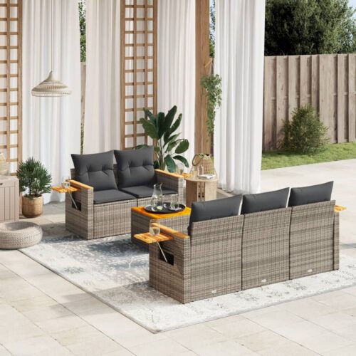 6-Piece Garden Sofa Set with Cushions Grey Poly Rattan Wicker Outdoor Patio Furniture - Image 2
