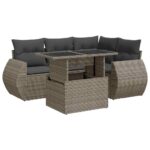 5-Piece Garden Sofa Set with Cushions Grey Poly Rattan Wicker Outdoor Patio Furniture