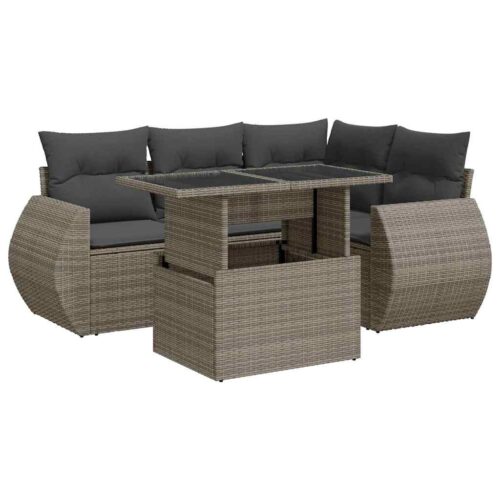 5-Piece Garden Sofa Set with Cushions Grey Poly Rattan Wicker Outdoor Patio Furniture