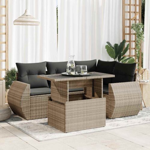 5-Piece Garden Sofa Set with Cushions Grey Poly Rattan Wicker Outdoor Patio Furniture - Image 2