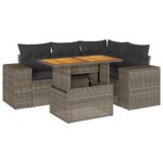 5-Piece Garden Sofa Set with Cushions Grey Poly Rattan Wicker Outdoor Patio Furniture