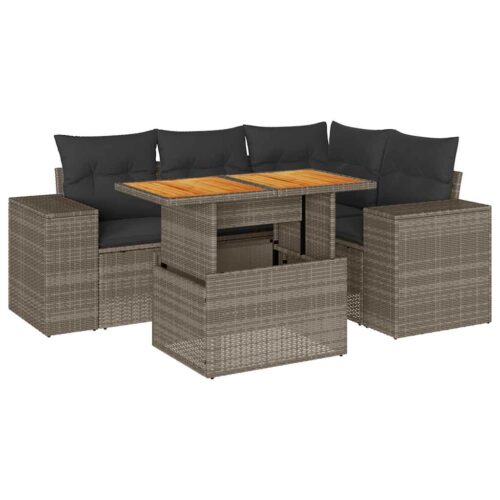 5-Piece Garden Sofa Set with Cushions Grey Poly Rattan Wicker Outdoor Patio Furniture