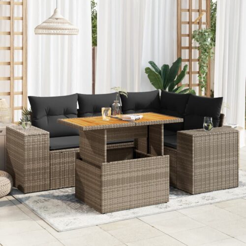 5-Piece Garden Sofa Set with Cushions Grey Poly Rattan Wicker Outdoor Patio Furniture - Image 2