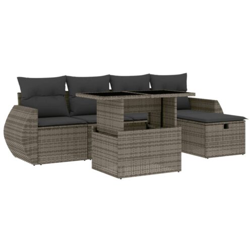 6-Piece Garden Sofa Set with Cushions Grey Poly Rattan Wicker Outdoor Patio Furniture