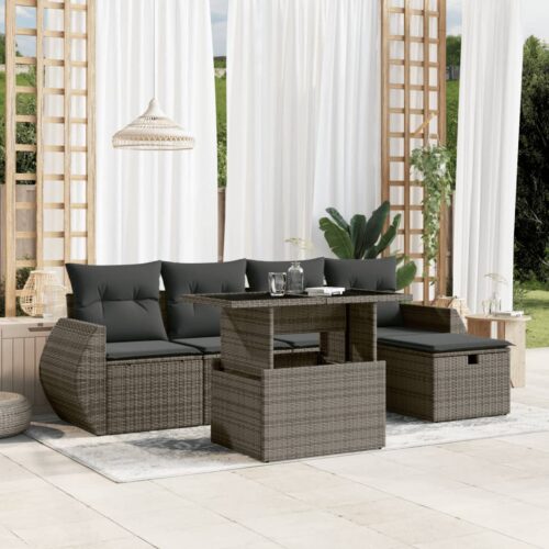 6-Piece Garden Sofa Set with Cushions Grey Poly Rattan Wicker Outdoor Patio Furniture - Image 2