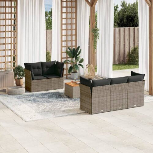6-Piece Garden Sofa Set with Cushions Grey Poly Rattan Wicker Outdoor Patio Furniture - Image 2