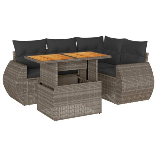 5-Piece Garden Sofa Set with Cushions Grey Poly Rattan Wicker Outdoor Patio Furniture
