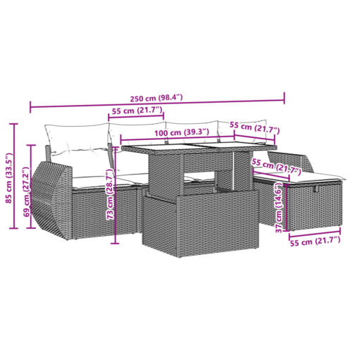 6-Piece Garden Sofa Set with Cushions Grey Poly Rattan Wicker Outdoor Patio Furniture - Image 12