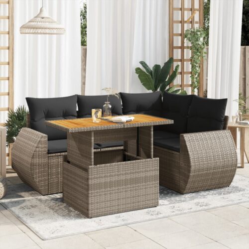 5-Piece Garden Sofa Set with Cushions Grey Poly Rattan Wicker Outdoor Patio Furniture - Image 2