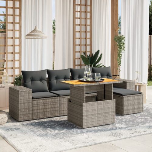 6-Piece Garden Sofa Set with Cushions Grey Poly Rattan Wicker Outdoor Patio Furniture - Image 2