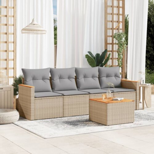 5-Piece Garden Sofa Set with Cushions Mix Beige Poly Rattan Wicker Outdoor Patio Furniture - Image 2