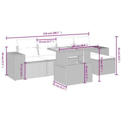 6-Piece Garden Sofa Set with Cushions Grey Poly Rattan Wicker Outdoor Patio Furniture - Image 4
