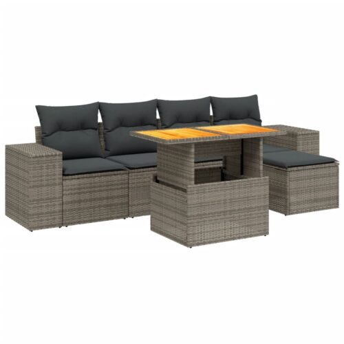 6-Piece Garden Sofa Set with Cushions Grey Poly Rattan Wicker Outdoor Patio Furniture - Image 6