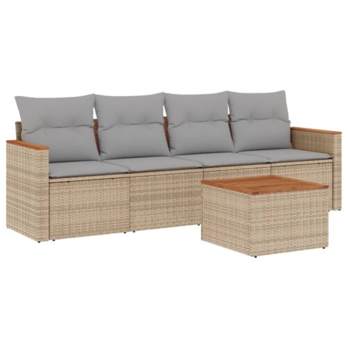 5-Piece Garden Sofa Set with Cushions Mix Beige Poly Rattan Wicker Outdoor Patio Furniture - Image 13