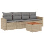 5-Piece Garden Sofa Set with Cushions Mix Beige Poly Rattan Wicker Outdoor Patio Furniture