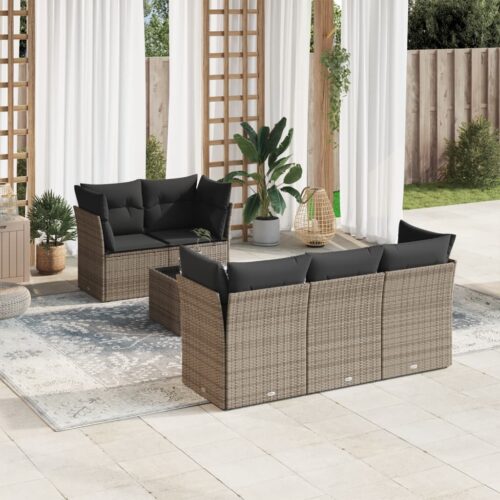 6-Piece Garden Sofa Set with Cushions Grey Poly Rattan Wicker Outdoor Patio Furniture - Image 2