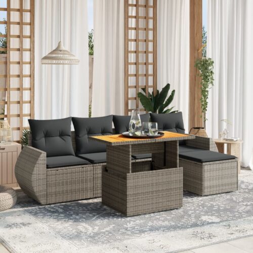 6-Piece Garden Sofa Set with Cushions Grey Poly Rattan Wicker Outdoor Patio Furniture - Image 2
