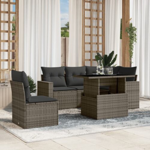 6-Piece Garden Sofa Set with Cushions Grey Poly Rattan Wicker Outdoor Patio Furniture - Image 2
