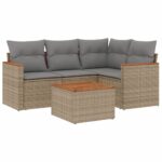 5-Piece Garden Sofa Set with Cushions Mix Beige Poly Rattan Wicker Outdoor Patio Furniture