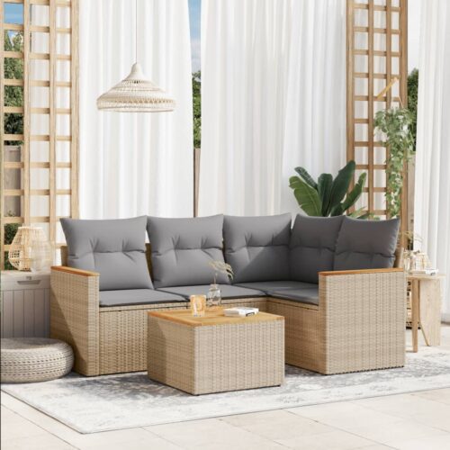 5-Piece Garden Sofa Set with Cushions Mix Beige Poly Rattan Wicker Outdoor Patio Furniture - Image 2