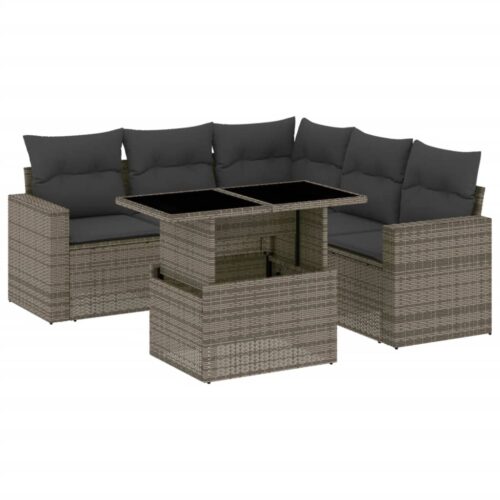 6-Piece Garden Sofa Set with Cushions Grey Poly Rattan Wicker Outdoor Patio Furniture