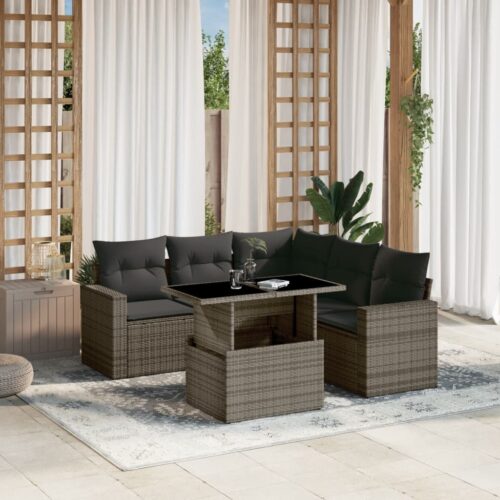 6-Piece Garden Sofa Set with Cushions Grey Poly Rattan Wicker Outdoor Patio Furniture - Image 2