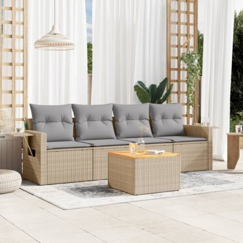 5-Piece Garden Sofa Set with Cushions Mix Beige Poly Rattan Wicker Outdoor Patio Furniture - Image 2