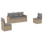 5-Piece Garden Sofa Set with Cushions Mix Beige Poly Rattan Wicker Outdoor Patio Furniture