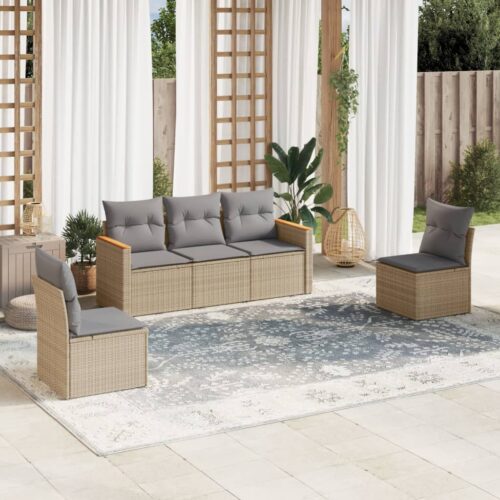 5-Piece Garden Sofa Set with Cushions Mix Beige Poly Rattan Wicker Outdoor Patio Furniture - Image 2