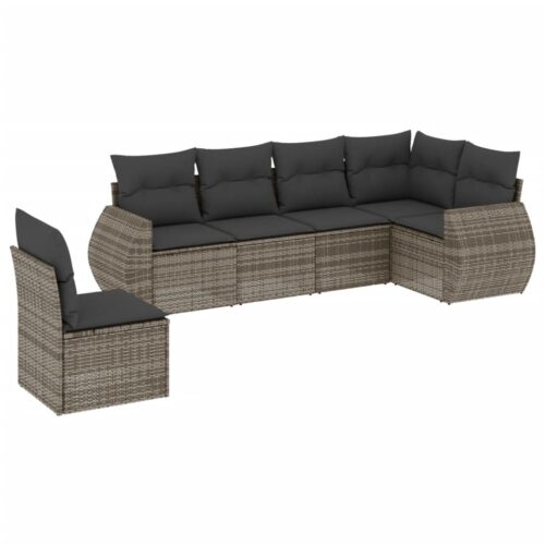 6-Piece Garden Sofa Set with Cushions Grey Poly Rattan Wicker Outdoor Patio Furniture