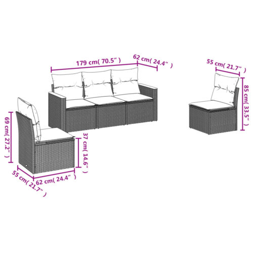 5-Piece Garden Sofa Set with Cushions Mix Beige Poly Rattan Wicker Outdoor Patio Furniture - Image 6