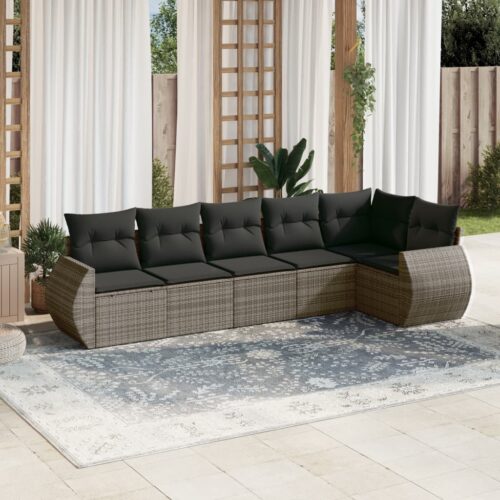 6-Piece Garden Sofa Set with Cushions Grey Poly Rattan Wicker Outdoor Patio Furniture - Image 2