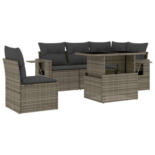 6-Piece Garden Sofa Set with Cushions Grey Poly Rattan Wicker Outdoor Patio Furniture