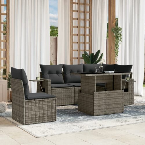 6-Piece Garden Sofa Set with Cushions Grey Poly Rattan Wicker Outdoor Patio Furniture - Image 2