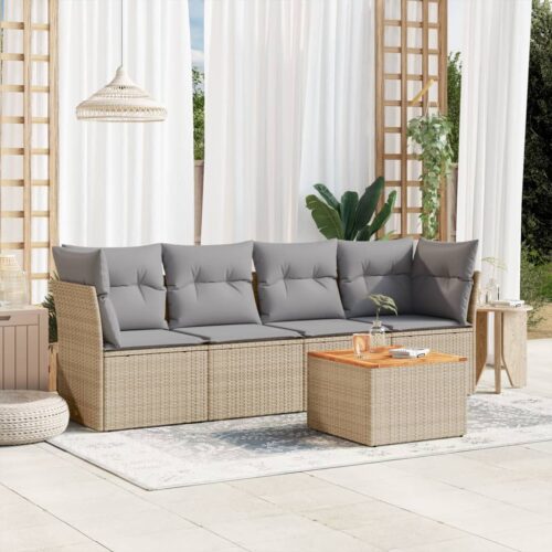 5-Piece Garden Sofa Set with Cushions Mix Beige Poly Rattan Wicker Outdoor Patio Furniture - Image 2